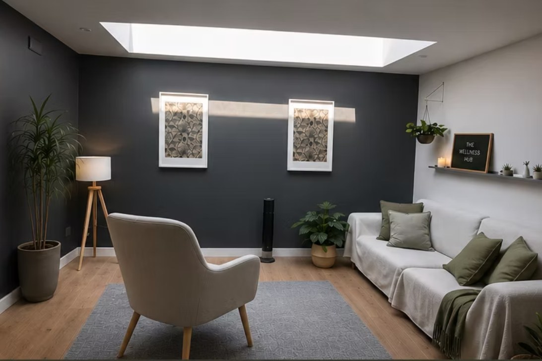 The therapy room at The Wellness Hub in East Dulwich: a skylit room with a soft armchair, a sofa with green cushions, plants and a floor lamp.